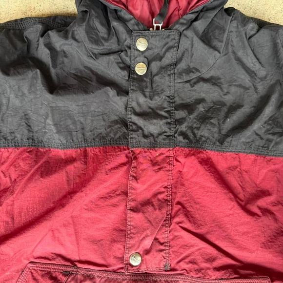 Vintage 90's Nike Puffer Hooded Jacket Burgundy Black Streetwear Medium - Picture 3 of 8